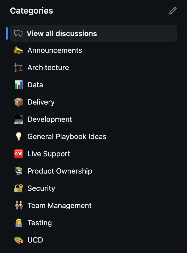 List of categories within Github Discussions including; UCD, Development, Product Ownership etc...